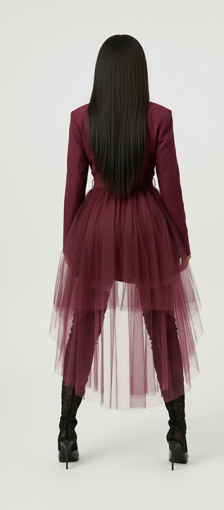 Tulle Overlay Belted Blazer Dress