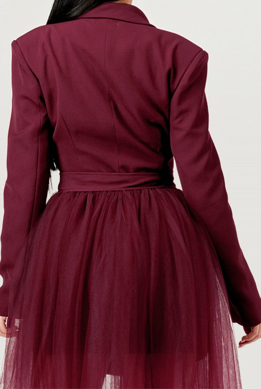 Tulle Overlay Belted Blazer Dress