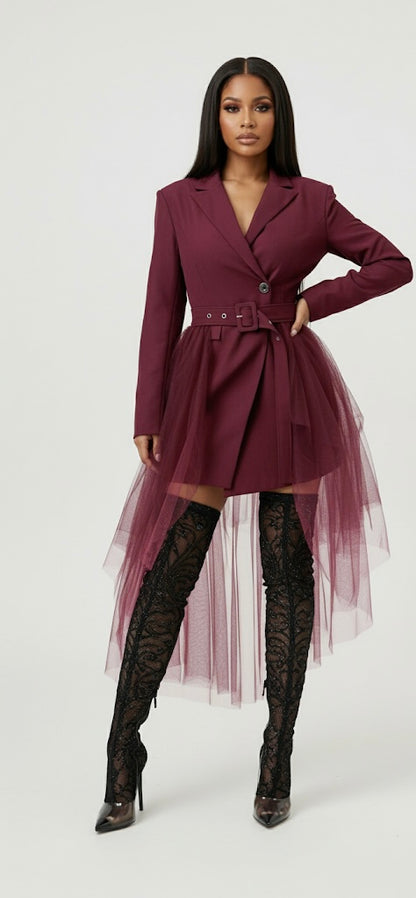 Tulle Overlay Belted Blazer Dress