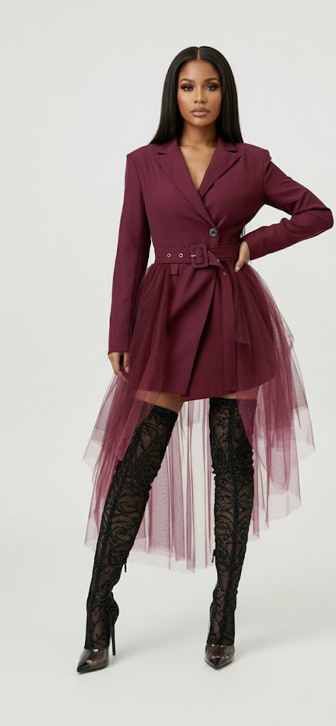 Tulle Overlay Belted Blazer Dress