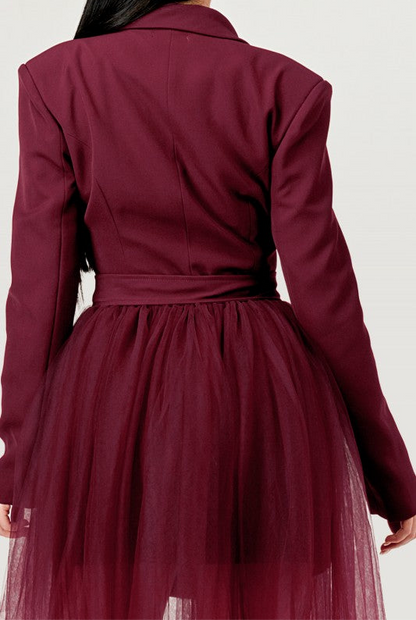 Tulle Overlay Belted Blazer Dress